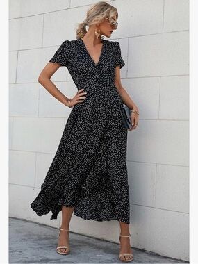 Classic Black Polka Dot V-Neck Maxi Dress